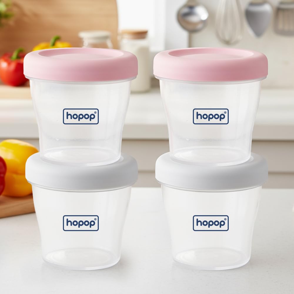 Hopop Baby Food Storage Container | 4 Pcs Multi Storage Milk Powder & Snack/Food Container | Air Tight and Leakproof Multi-Functional Food Storage Jars with Lids | 150 ml | Set of 4 (Pink & Grey)-image-28