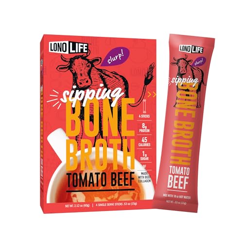 Image of LonoLife Tomato Beef Bone Broth Powder Mix | Grass-Fed, 10g Protein | Collagen-Rich, Keto & Paleo Friendly | Natural Ingredients | 4 Portable Stick Pack Servings