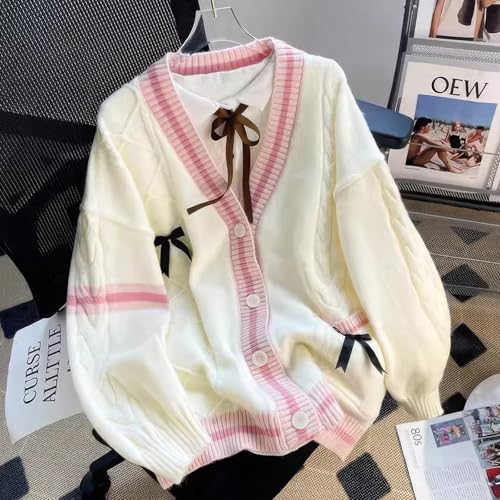 Image of ebossy Womens Kawaii Cute Bowknot Cable Knit Cardigans Sheep V Neck Button Down Slouchy Preppy Wool Blend Sweater Coat