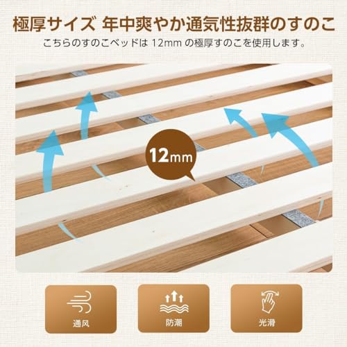 Major in life ベッド ベッドフレーム すのこ 宮棚付き 木製 ヘットボード完成品 2口コンセント 3段階 高さ調整 ブックシェルフ付 ロースタイル 耐荷重200kg セミダブル の商品画像 2