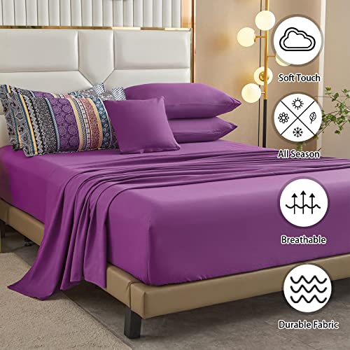 Image of Cottolester Boho Comforter Set King Size 8 Piece Bed in a Bag Bohemian Striped Bedding Quilt Set Purple Paisley Floral Comforter and Sheet Set,Soft Microfiber Complete Bedding Sets for All Season