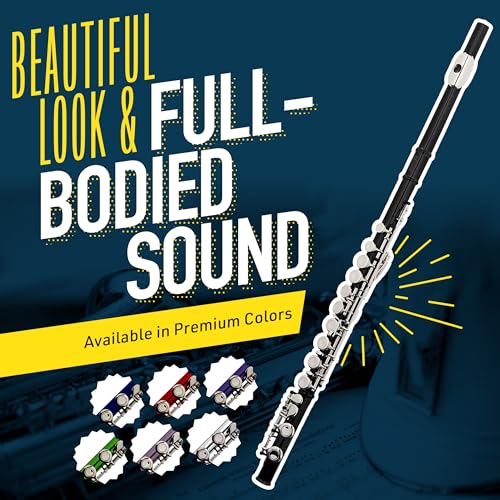Image of Mendini By Cecilio Flute, 16 Keys C Flute Instrument Closed Hole For Beginners with Carrying Case, Cork Grease, Stand, Lesson Book, Cleaning Kit, Gloves (Black)