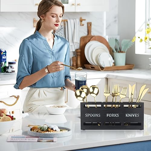 Ayiaren CUTLERY HOLDER Wood Silverware Organizer Containers Black Kitchen Utensil Holder For Countertop Spoon And Fork Holder Flatware Utensils Caddy thumb #2
