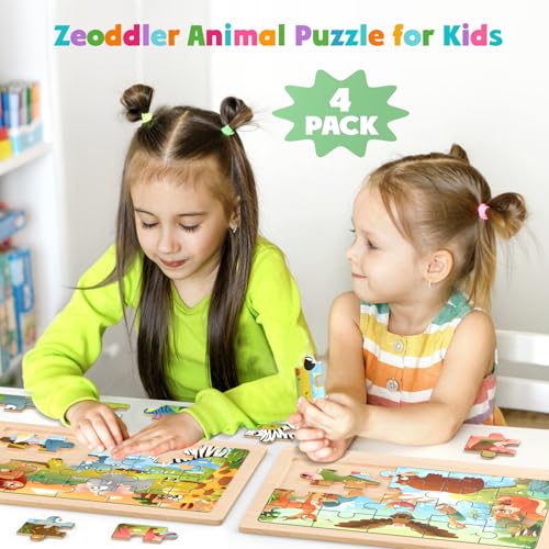 Image of Zeoddler Jumbo Wooden Puzzles for Toddlers, 4 Pack Animal Jigsaw Puzzles for Kids3-5, 20 Pieces Preschool Learning Activities, Learning & Educational Toys, Gift for Boys, Girls
