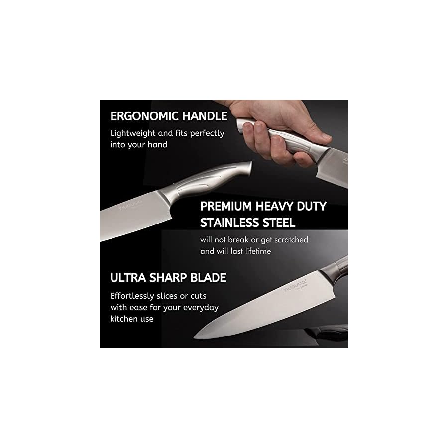 nuovva Kitchen Knife Block Set – 14-Piece Knife Set with Hardwood Block – Stainless Steel Blades – Hollow Knife Set for Chopping, Slicing, Dicing