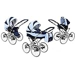 SKYLINE Klassisch Retro Stil Kombi-Kinderwagen Buggy 3in1 Reise System Autositz (Isofix) (Marine/17"Hartgummi Bereifung)