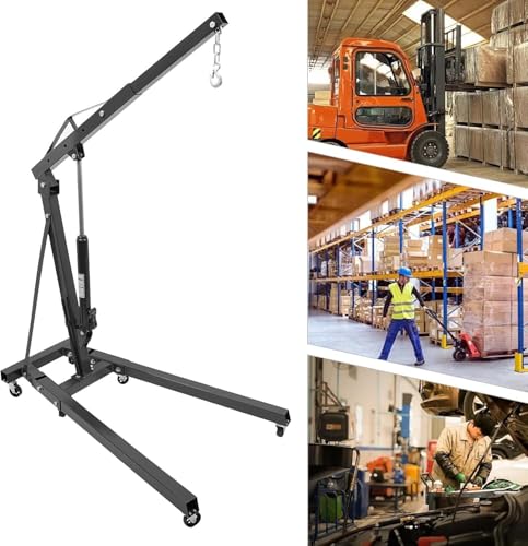 WENQIANGM Folding Engine Lift, Hydraulic Crane with 6 Wheels, Heavy Duty Steel, Adjustable Load arms for car Repair, Workshop