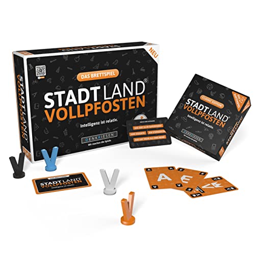 DENKRIESEN - Stadt-Land VOLLPFOSTEN® Brettspiel - Intelligenz ist relativ. + Kartenspiel Classic Edition