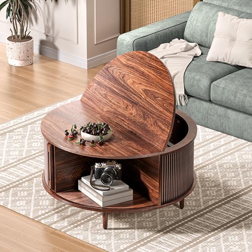 Image of Round Coffee Table, 31.5 inch Fluted Center Table with Storage, Lift-Top Coffee Table with Adjustable Footpads, Sliding Door, Mid-Century Modern Center Table for Living Room, Small Space, (Walnut)