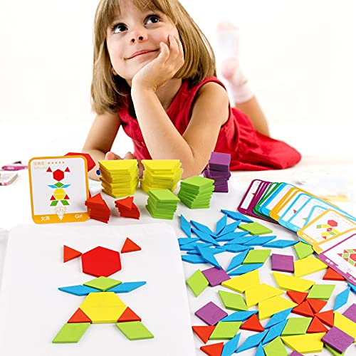 Image of 155 Pcs Wooden Pattern Blocks Christmas Stocking Stuffers Kids Toddlers, Math Games Shapes Blocks Homeschool Supplies with Cards Tangram Puzzles Montessori Educational Learning Toys for Kids Ages 4-8