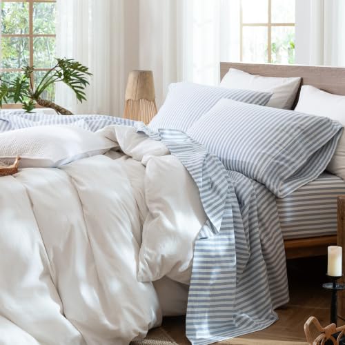 Image of MooMee Striped Sheet Set 100% Washed Cotton Linen Like Queen | Relaxed Linen-like Texture. Soft, Breathable & Lightweight Comfort. 15-19 inch Extra Deep Pocket with All-around Elastic