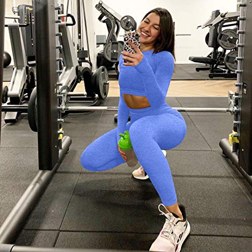 OYS Women\'s Workout 2 Piece Outfits Seamless High Waist Yoga Leggings Running Sports Long sleeve Gym Sets Blue