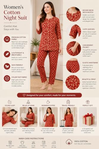 Image of Women's Cotton Night Suit Set, Printed Top and Pyjama, Casual Loungewear Sleepwear for Womens Girls