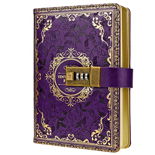 Mazeran Combination Lock Journal, Vintage Elegant Leather Hard Cover Floral Embossed Notebook Diary