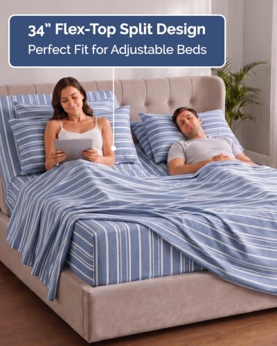 Image of Extra Deep Flex Top Split Head King Sheet Set - 6 Piece Breathable and Cooling Sheets - Hotel Luxury Bedding for Women, Men, Kids & Teens - Easy Secure Fit - Extra Deep Pockets - Blue Stripes 3
