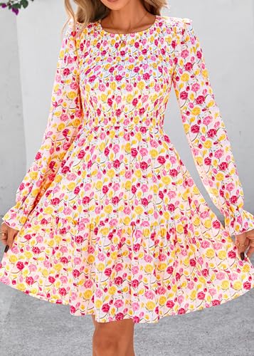 Image of KIRUNDO Long Sleeve Dress for Women 2025 Summer Fall Wedding Guest Smocked Floral Crewneck Ruffle A Line Flowy Mini Dress