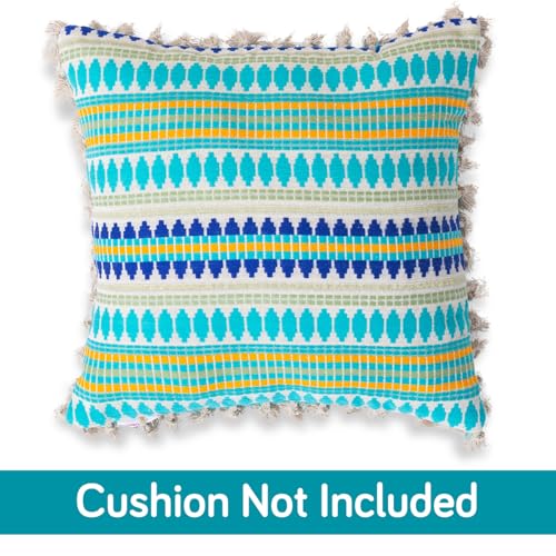 Image of HOKIPO 'Artisan Boho Series' Sofa Cushion Covers | 450 GSM Cotton Acrylic Jacquard | Tassel Design | 22x22 Inch (55x55 cm) | Pack of 2, Aqua Blue (IN-906-A4*2)