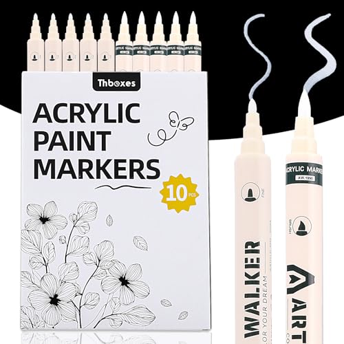 Thboxes 10 Pack White Paint Markers, Dual-Tip Acrylic Paint Pen Fine Tip and Brush Tip Markers for...