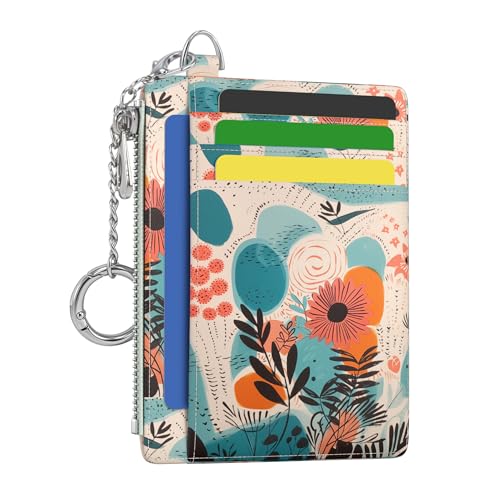 Image of Hancynir Boho Abstract Floral Flower Small Wallet Women Credit Card Holder, Slim RFID Blocking Keychain Card Wallets, Mini Front Pocket PU Leather Travel Zipper Coin Cash Ladies Wallet Organizer Gifts