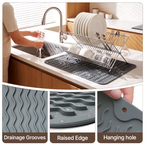 Hestiasnax 2 Pack Silicone Dish Drying Mat for Kitchen Counter, 16" X 12", Heat Resistant & Non-slip Kitchen Drying Mats, Quick-Dry Ridges, Dishwasher Safe, Hangable & Roll-Up for Storage, Dark Gray - image 6