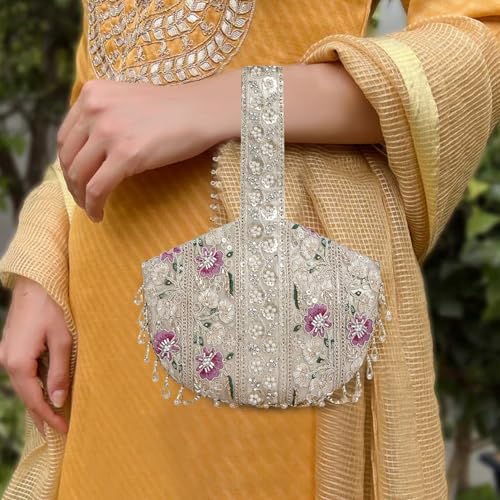 Image of Nevis Stylish Embroidery Unique Design Traditional Wedding Party Handheld Potli Bag for Women (Gold)