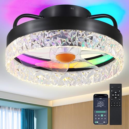 Image of Mpayel RGB Ceiling Fans with Lights and Remote, 13'' Low Profile Ceiling Fans, LED Bladeless Modern Flush Mount Ceiling Fan Light for Bedroom, Living Room, Kitchen