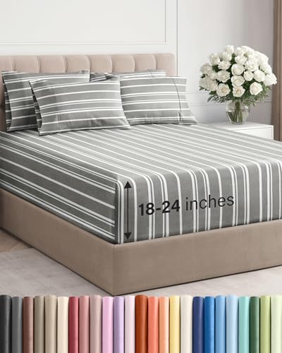 Image of Extra Deep Cal King Sheet Set - 6 Piece Breathable & Cooling - Grey Stripes | Hotel Luxury Bed Sheets Set, Easy & Secure Fit, Ultra-Soft, Wrinkle & Fade Free, Comfy Sheets Set with Extra Deep Pockets