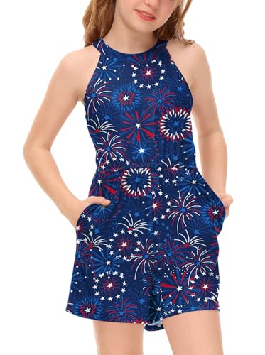 BesserBay July Fourth National Holidays Sleeveless Romper American Spirit Patriotic Flag Star Navy Fireworks Jumpsuit with Pockets for Big Girls 12 Years
