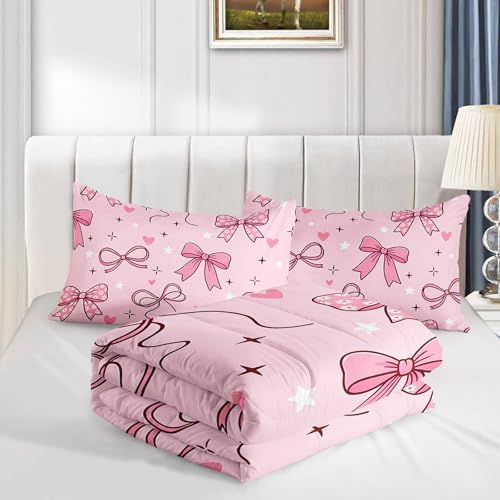 Image of AILONEN Girly Ribbon Comforter Full 3 Piece Preppy Pink Heart Bedspread Breathable Fabric Padded Quilt Teens Cool Room Decoration Trendy Magenta Cover 2 Shams