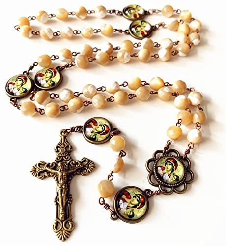 elegantmedical HANDMADE Mary Help of Christians ROSARY Faceted MOTHER-OF-PEARL BEADS CRUCIFIX CROSS NECKLACE BOX4