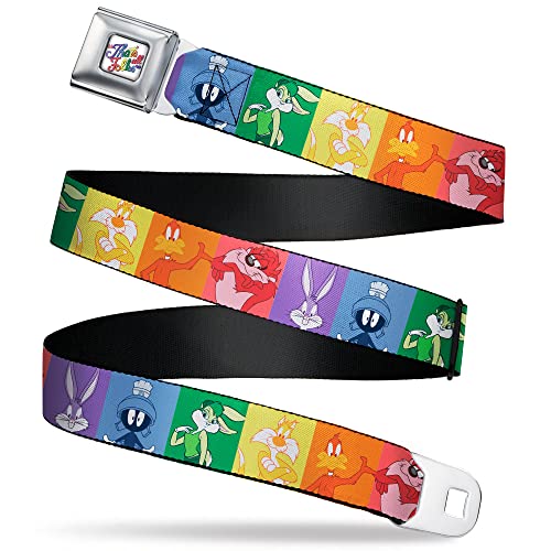 Looney Tunes Belt, Seatbelt Buckle Belt, Looney Tunes Character Pose Pride Blocks Multi Color, 24 to 38 Inches