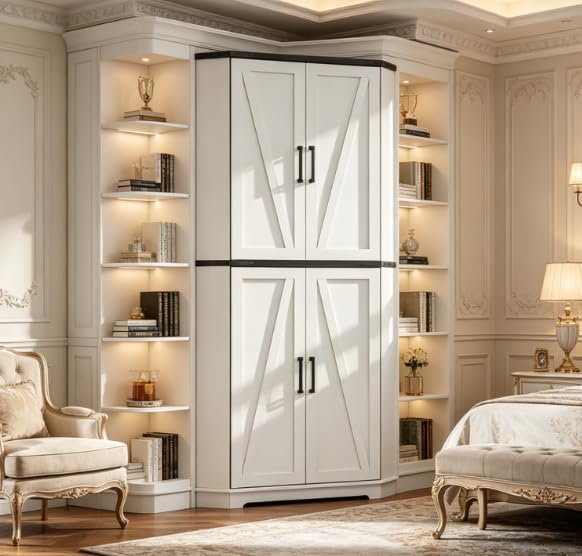 Image of Dripex 71 inch White Corner Pantry Cabinet, Farmhouse Tall Storage Cabinet with Doors, Adjustable Shelves & LED Light, Kitchen Food Cabinet for Living /Dining Room