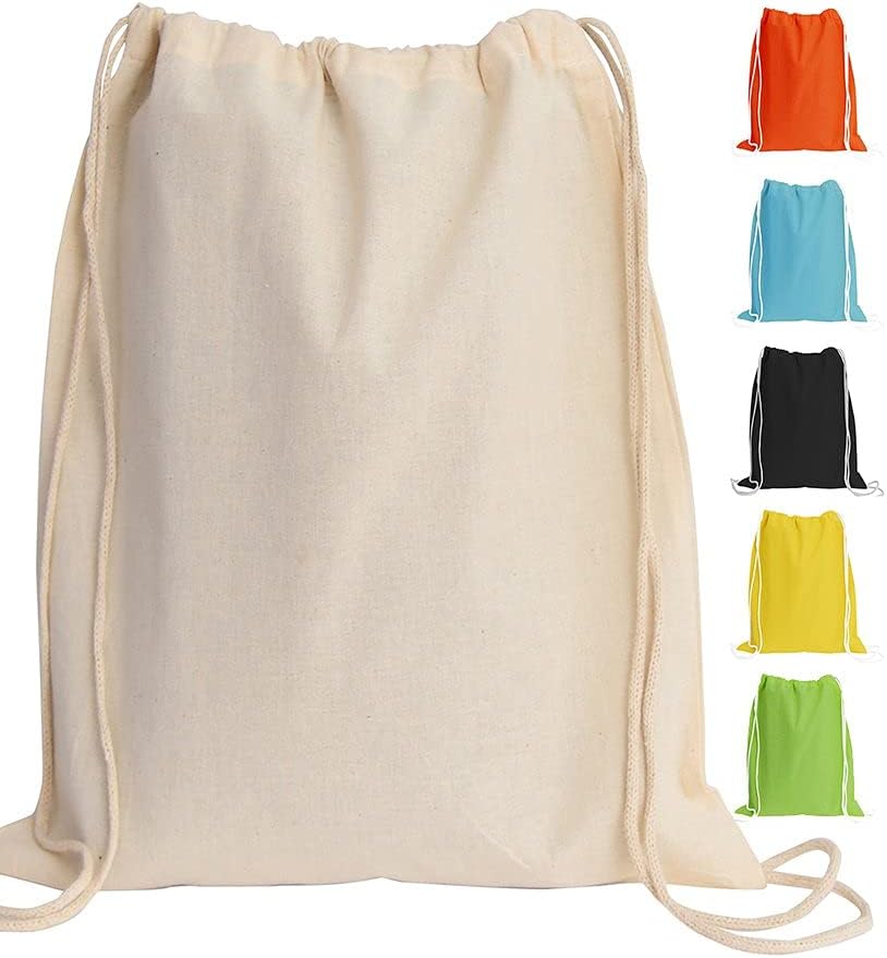TBF Cotton Drawstring Backpack Gym Sack Canvas Cinch Sport Pack for Men, Women - Set of 12, Assorted Colors