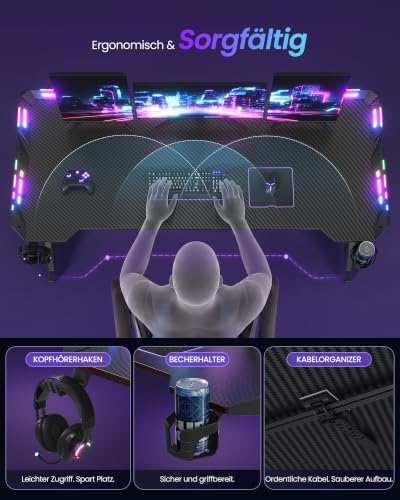 VASAGLE Gaming Tisch, Kohlefaser, RGB Beleuchtung, 100 x 60 x 76 cm – Ansicht 7