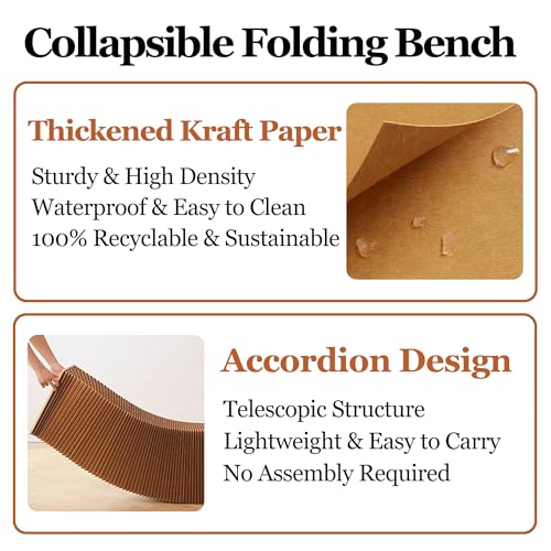Image of Kraft Paper Rectangle Ottoman - Collapsible Stool with 3 Cushions, 330 lbs Honeycomb Folding Bench, Aesthetic Portable Stool, Entryway Bench & Space-Saving Vanity Seat (Brown-B, 4 Seats)