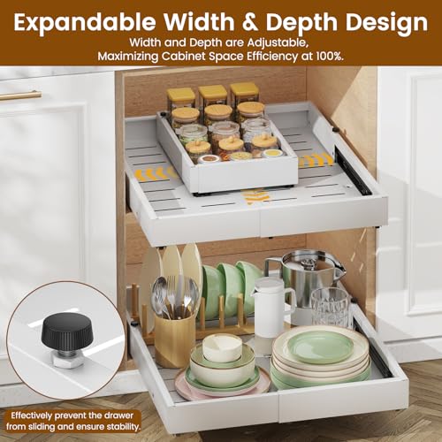 Housolution Pull Out Cabinet Organiser, Adjustable Width From 30cm to 50cm, Depth From 40cm to 55cm, Adhesive Slide Out Drawers Storage Shelf with 3 Sliding Rails for Kitchen Cupboards, 2 Pack - Image 2
