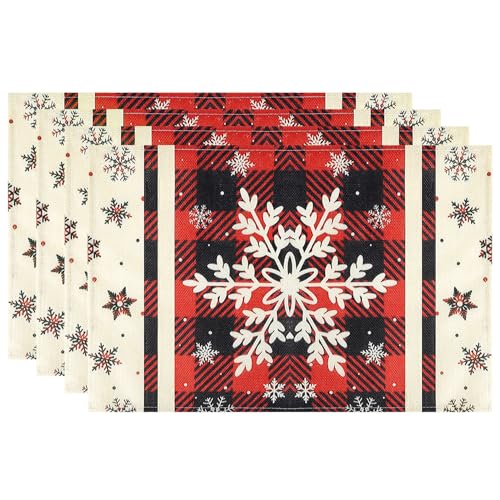 OWill 4PCS Christmas Table Place mats,Cotton-Linen Snowflake Placemats Table Mats Ideal for Christmas Party Home Dining Table Decorations,45 * 30cm