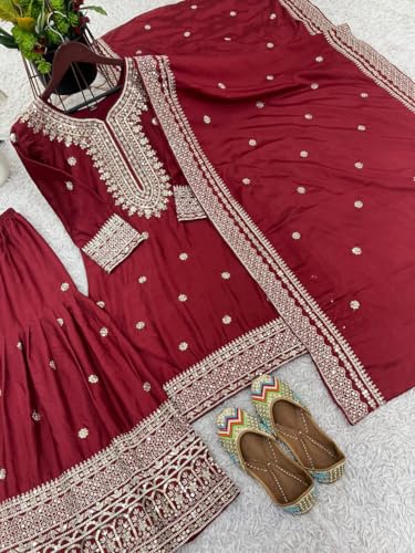 Image of Women's Heavy Embroiderd Work Purple Color Weding Wear Straight Kurta Sharara Set for Women with Dupatta