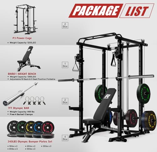 Image of RitFit Multi-Function Garage & Home Gym Package Includes 1200LBS Power Cage PPC03 /P3 with Cable Crossover System, Weight Bench, Olympic Barbell Weight Set, Full Body Workout