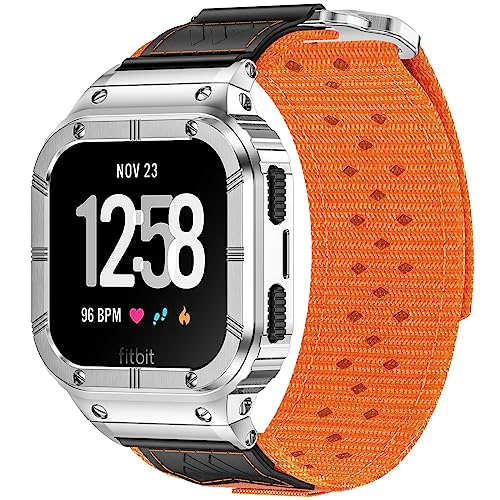MioHHR Nylon Bands with Stainless Steel Case for Fitbit Versa 4 3 2 1 Lite