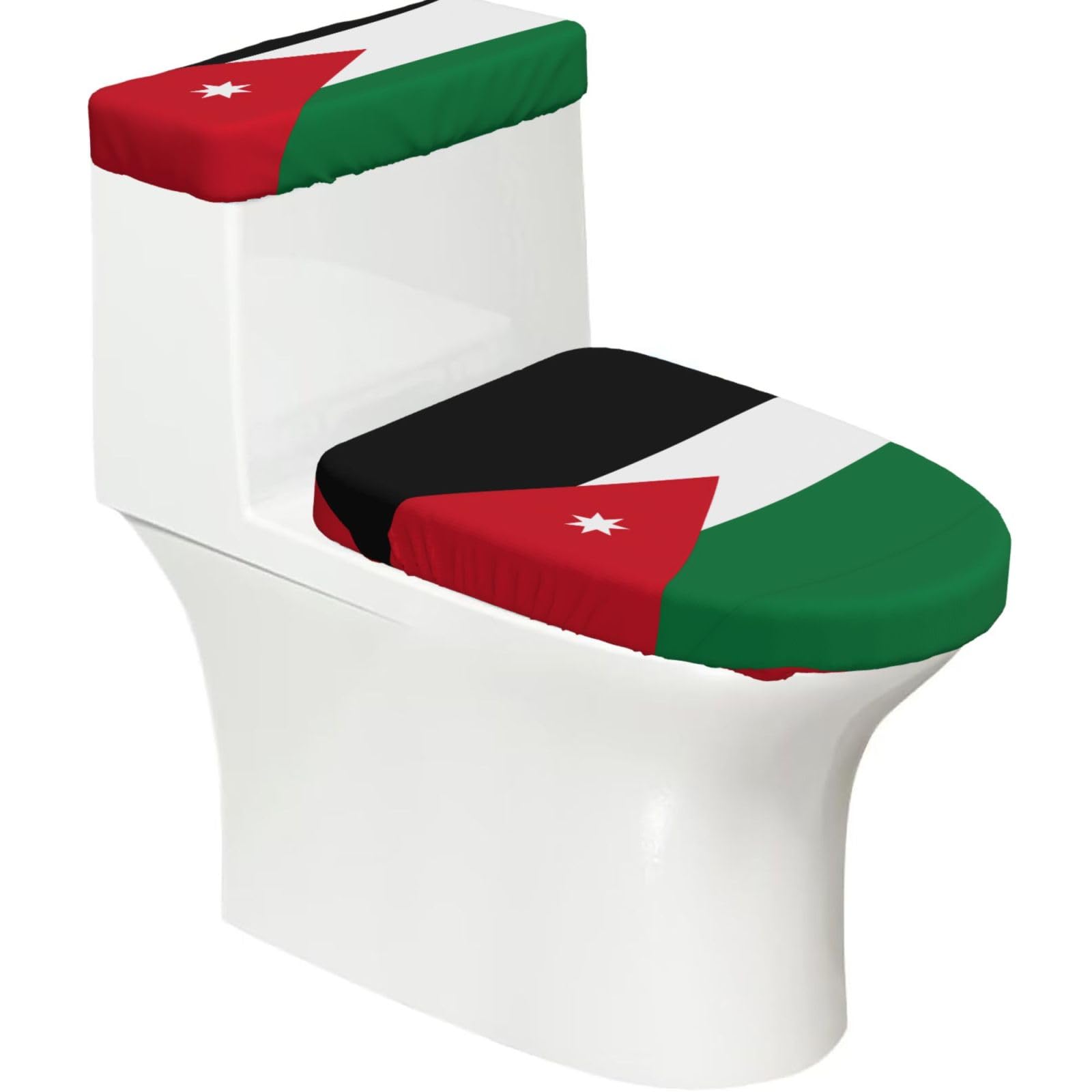Jordanian Flag Elastic Toilet Cover Set of 2-Stretchy Lid and Tank Covers for Bathroom, Soft Washable U Shape Toilet Decor