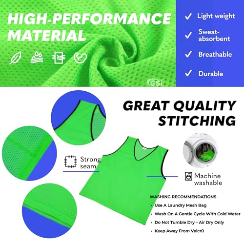 GSi Sports Pinnies - Pack of 12 - Free Size for Youth/Adult - 5 Color Options - Soccer, Basketball Practice Vest (Green)