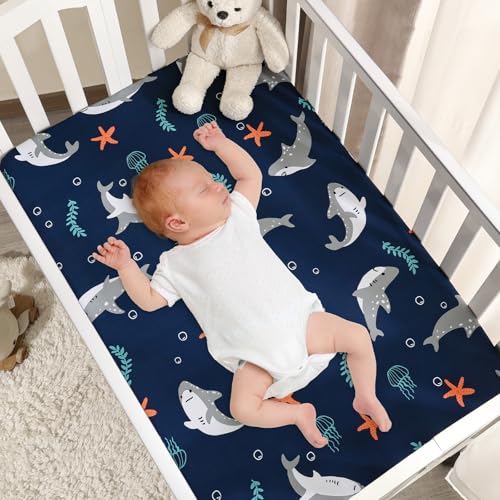 Image of PHF 3 Pack Soft Mini Crib Sheets, Shark Pack N Play Sheets for Baby Boys, No Slip Universal Fit for Pack N Play, Playard, Portable and Mini Crib Mattresses, Shark