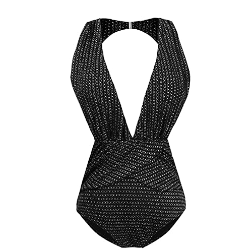 Traje de baño de mujer 1 pieza bikini de cintura alta cadena color sólido sexy de una pieza modelo audaz traje de baño para mujeres seguras, Le Noir, M