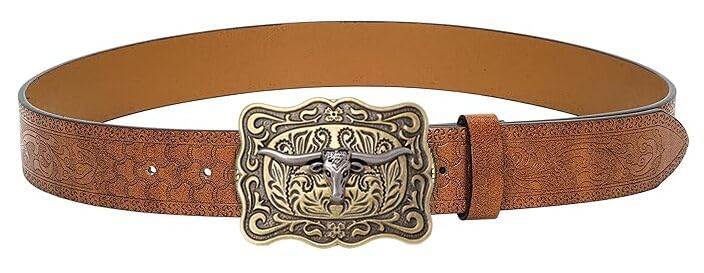 Utaly Western Cowboy Cowgirl Leather Belts - Women Men Turquoise Embossed Waist Belts With LongHorn Bull Buckles Fit 25-38”3