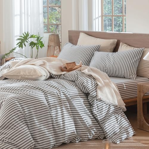 Image of MooMee Striped Duvet Cover Set 100% Washed Cotton Linen Like Super King | Relaxed Linen-like Texture. Soft, Breathable & Long-lasting Comfort. Lightweight. Hidden Zipper with 8 Interior Corner Ties