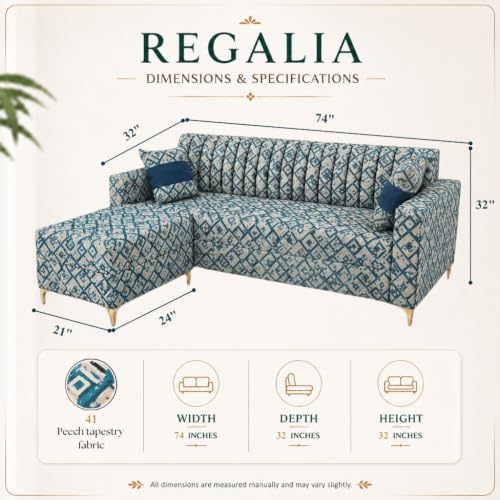 Image of FURNY Signature Regalia 4-Seater L-Shape Sofa Set with Movable Ottoman | Flexible LHS /RHS Layout | Tapestry Fabric | 40D Foam + Zigzag Spring | 3-Yr Warranty (Lagoon Mosaic Blue)
