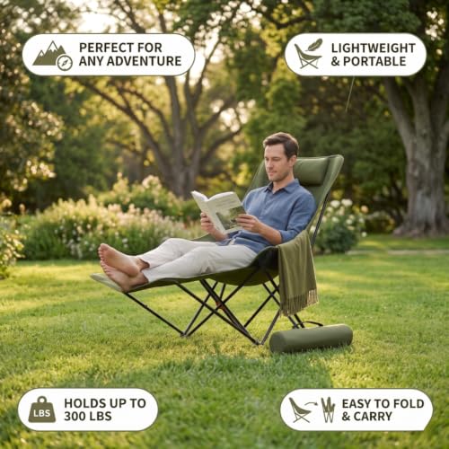 Image of Folding Reclining Lounge Chair with Adjustable Backrest, Metal Frame & Fabric Seat | Portable Outdoor Camping Chair with Carry Bag for Patio, Garden & Travel