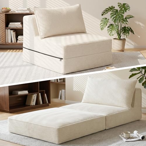 Image of Erament Folding Sofa Bed, 8 inch Convertible Sleeper Sofa Fold Out Chair Bed with Pillow, Portable Floor Couch Lounge Sofa for Living Room Bedroom Guest Room, Beige