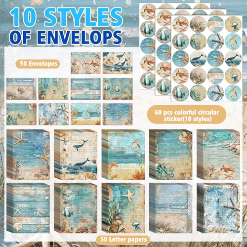 Image of TaoBary 160 Pcs Ocean Stationery Paper and Envelopes Set 50 Double Sided Lined Stationery Paper with 50 Matching Envelopes and 60 Round Dot Sticker 5.5 x 8.25'' Letter Writing Kit, 10design